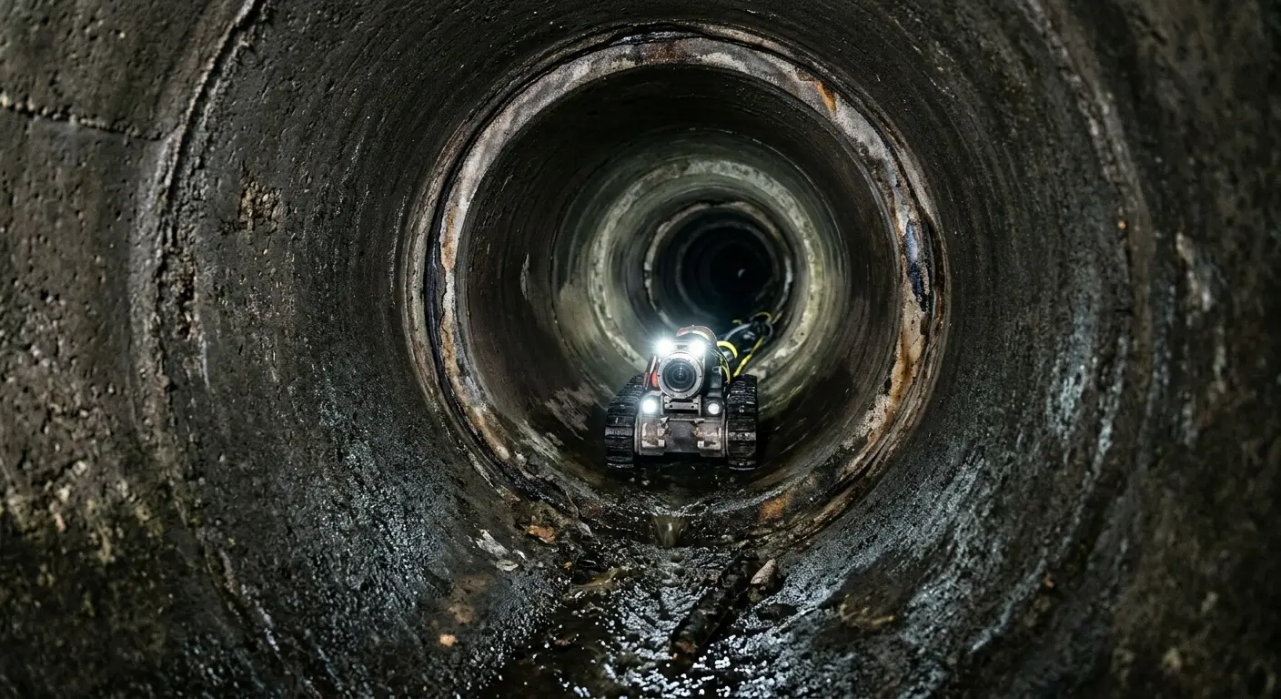 Robotic sewer camera inspecting pipe interior for Sewer Line Cleaning in Hoboken