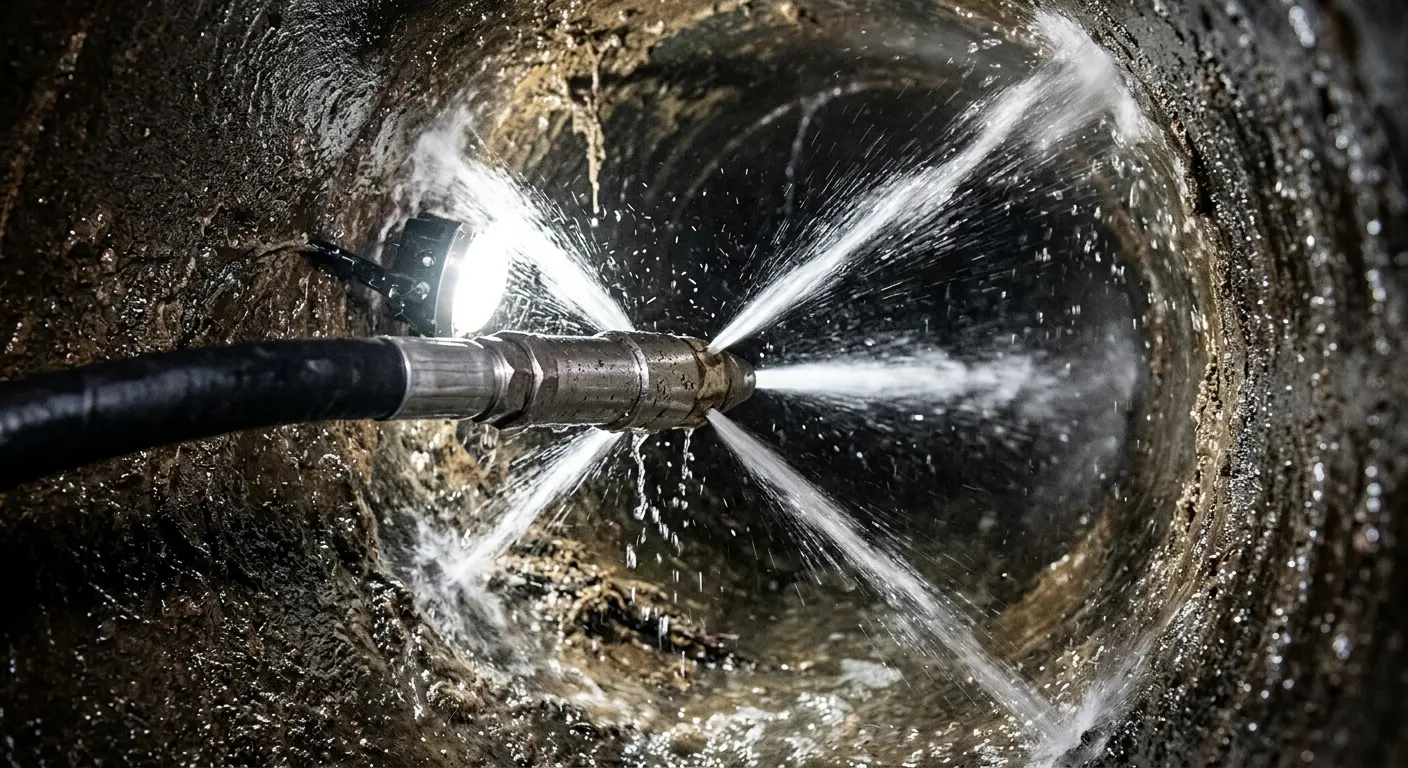 High-pressure hydro jetting nozzle cleaning sewer pipe for Sewer Cleanout in Hoboken