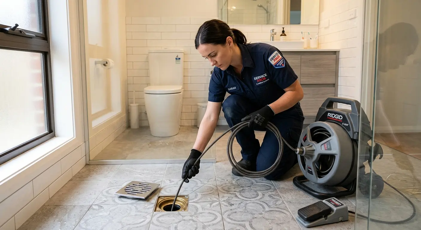 Technician clearing a bathroom floor drain for Hydro Jetting in Hoboken